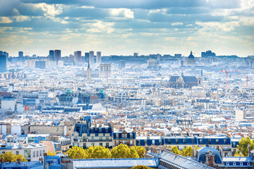 Panorama city of Paris from Montmartre. Beautiful travel sunset