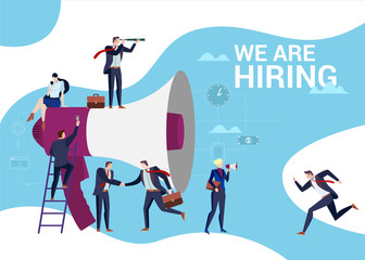Concept Flat illustration. Work team. Megaphone with We Are Hiring words.