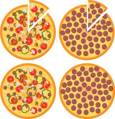 Set of Fresh pizza with tomatoes, cheese, mushrooms and Pepperoni Pizza, top view. Raster Illustration