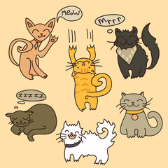 Vector set of cartoon cats. Cute hand drawn style