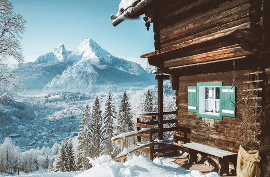 Traditional mountain cabin in the Alps in winter