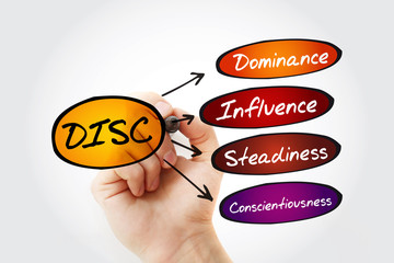 DISC (Dominance, Influence, Steadiness, Conscientiousness) acronym with marker, personal assessment...