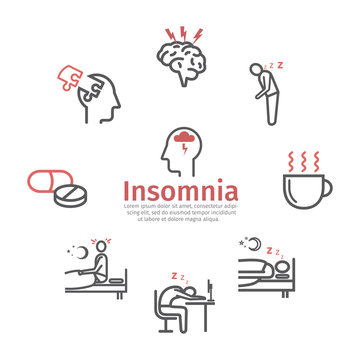 Insomnia banner, Symptoms. Line icons set. Vector signs for web graphics.