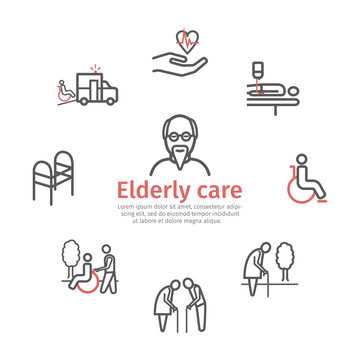 Elderly services banner. Line icons set. Care Help and Accessibility. Disabled People. Vector illustration.