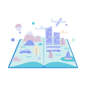 Concept Flat illustration. Big city, mountains, transport inside the open book.