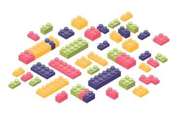 Bundle of isometric colorful constructor details or parts isolated on white background. Plastic interlocking toy bricks or building blocks for children s entertainment. Colorful vector illustration.