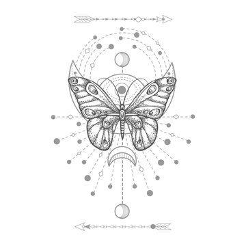 Vector illustration with hand drawn butterfly and Sacred symbol on white background. Abstract mystic sign. Black linear shape. For you design, tattoo or magic craft.