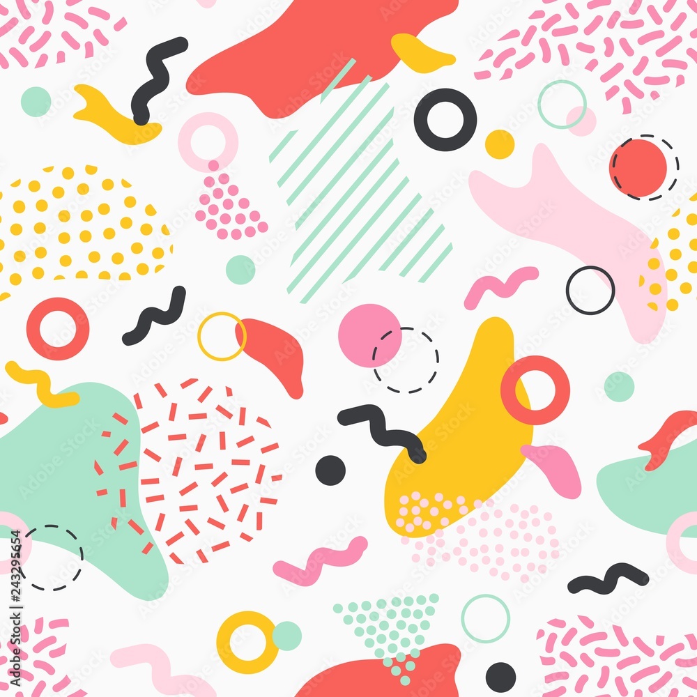 Poster Creative seamless pattern with colorful stains, lines and shapes of various texture on white background. Stylish abstract backdrop. Vector illustration in retro style for wrapping paper, wallpaper.