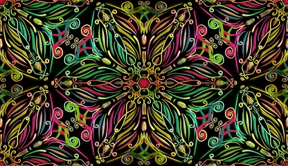 Fotobehang Per kleurpatroon patronen Floral Seamless Repeat Pattern, Flower Mandala, Nature Background  © Anne Mathiasz