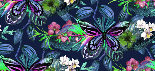 Tropical seamless pattern with banana leaves, orchid, hibiscus, tropical butterfly. Hand drawn watercolor illustration