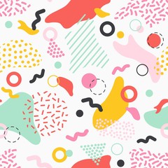 Creative seamless pattern with colorful stains, lines and shapes of various texture on white background. Stylish abstract backdrop. Vector illustration in retro style for wrapping paper, wallpaper.