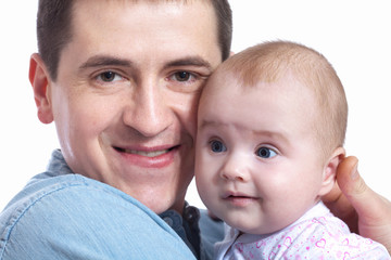family, parenthood and people concept - father with little baby at home