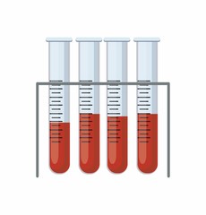 Medical test tubes with blood in holder on white background