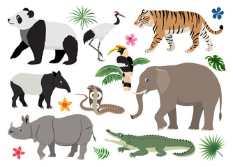 Set of cute wild animals and birds icon, decor for children, cartoon tiger, rhinoceros, panda, elephant, alligator, hornbill, cobra, crane, tapir vector illustration isolated on white background © MarySan