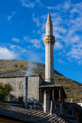 View of the minaret of the mosque in Mostar. Bosnia and Herzegovina
