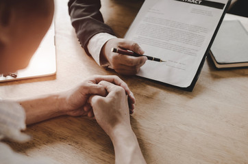 legal consultants, notary or justice lawyer discussing contract document on desk with client customer in courtroom office, business, justice law, insurance, legal service, buy and sell house concept - obrazy, fototapety, plakaty