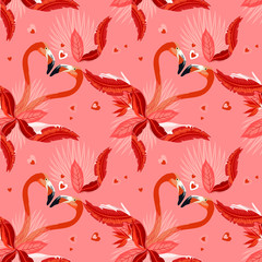 Seamless tropical pattern, Two flamingos in love and tropical palm leaves, plants, bird of paradise. Romantic Valentine's Day template. Pattern trend design.