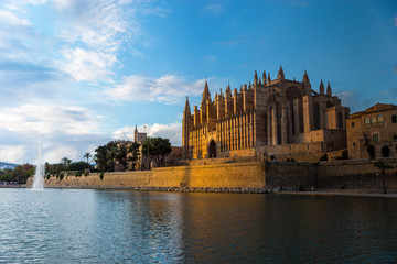 Day to night transition - Sunset on la Seu, the Cathedral of Palma de Mallorca, and Royal Palace of La Almudaina - Balearic Islands.