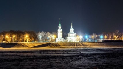 Winter night view of ancient orthodox church in Veliky Ustyug