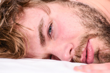 Man unshaven bearded face sleep relax or just wake up. Guy bearded macho relax in morning. Man...