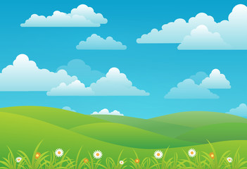 Spring landscape background with clouds, flowers, and green meadow