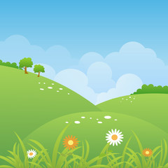 Spring landscape background with clouds and green meadow. Vector illustration
