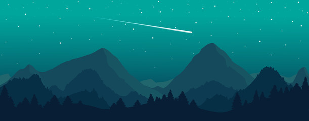 Vector mountains and forest landscape with beautiful night sky and stars