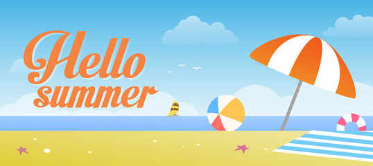 Hello Summer vector illustration with tropical beach and blue sky background for banner, flyer, poster or web site design