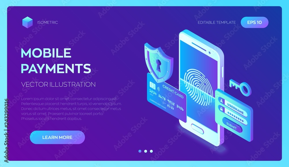 Poster mobile payments. data protection concept. personal data protection. credit card check and software a