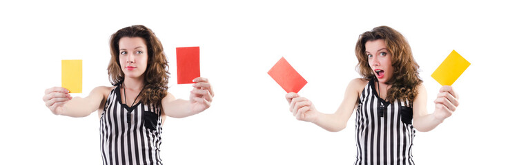 Woman referee with card on white