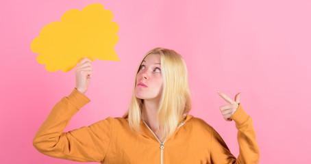 What is on her mind. Create idea. Thoughts of cheerful adorable woman. Ideas and thoughts copy space. Idea and inspiration. Idea and brainstorming concept. Girl cute blonde with speech bubble