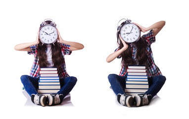 Young female student missing her deadlines on white