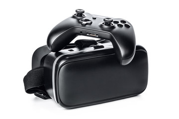 Virtual Reality glasses and game pad Isolated on white background.