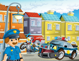 cartoon scene with police car motor and policeman on patrol - illustration for children
