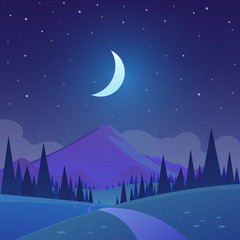 Vector illustration of night time nature landscape in the Countryside with trees and a starry sky