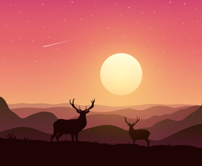 Fototapeta na wymiar Mountains landscape with two deers on Sunset. Vector illustration