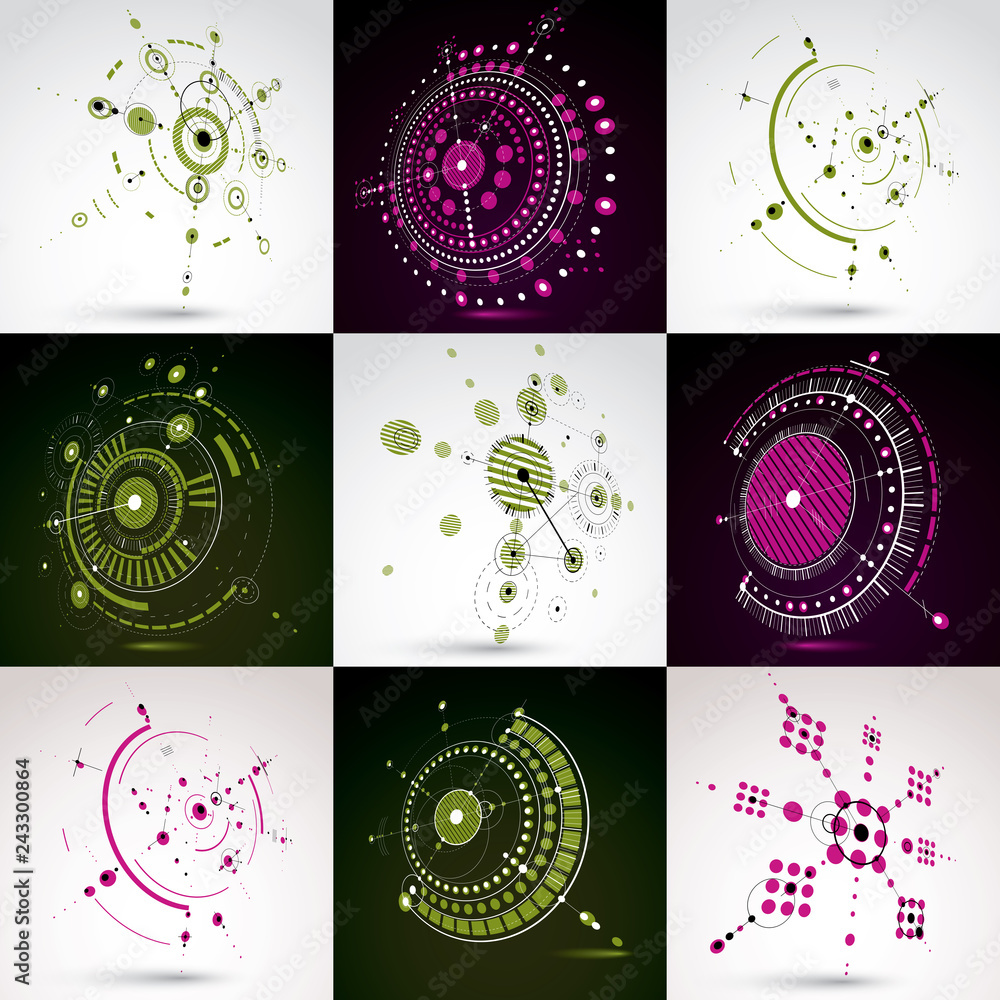 Poster set of modular bauhaus 3d vector backdrops, created from geometric figures like circles and lines. f