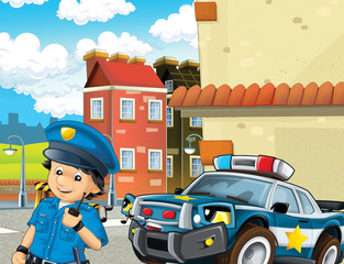 cartoon scene with police car and policeman on patrol - illustration for children