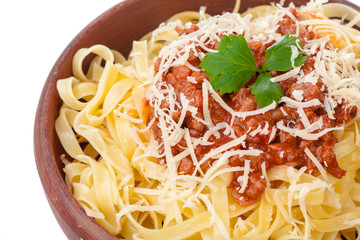 Fresh and delicious spagetti bolognese on white background