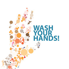 call to wash their hands. Schematic and conceptual representation of bacteria and microorganisms on the human palm.