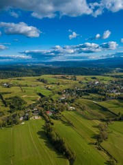 Aerial view on Lutowiska village in Bieszczady mountains in Poland