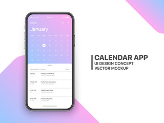 Calendar App Concept January 2019 Page with To Do List and Tasks UI UX Design Mockup Vector on Frameless Smartphone Screen Isolated on White Background. Planner Application Template for Mobile Phone