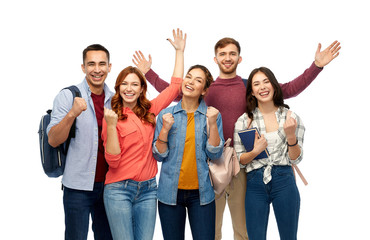 education, high school and people concept - group of happy students celebrating success over white background