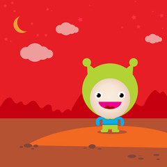 Vector flat doodle funny alien on red planet