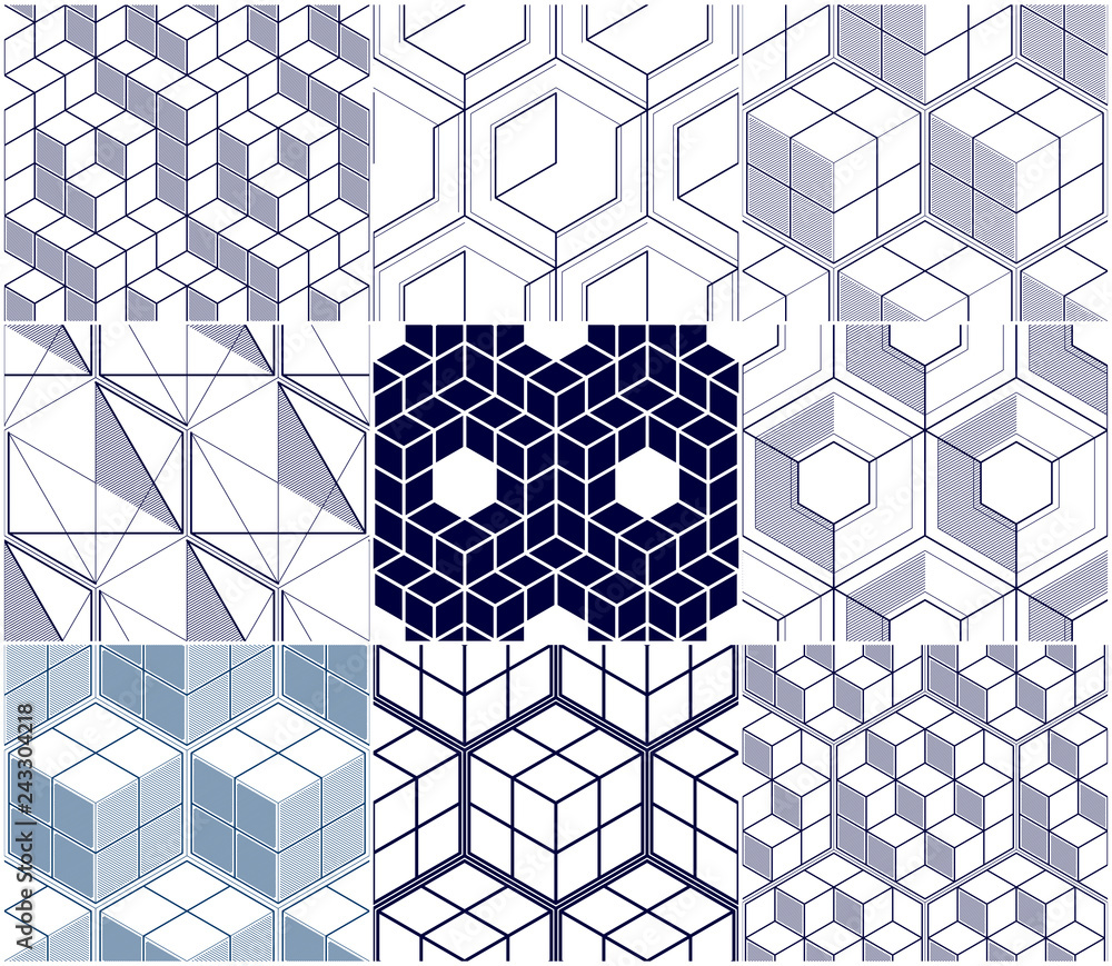 Poster geometric lines abstract seamless patterns set, 3d vector backgrounds cubes collection. technology s