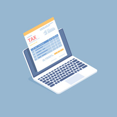 Fototapeta na wymiar Online tax payment, bookkeeping, accounting. Tax form on a laptop screen. Government, State taxes. Internet banking concept. Flat isometric vector illustration 