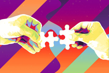 Hands with two puzzle pieces abstract background , modern illustration for teamwork, partnership , relationship , connection and cooperation business design