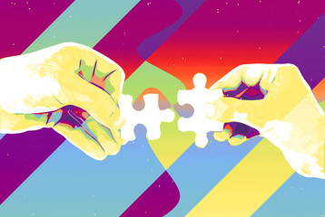 Hands with two puzzle pieces abstract background , modern illustration for teamwork, partnership , relationship , connection and cooperation business design