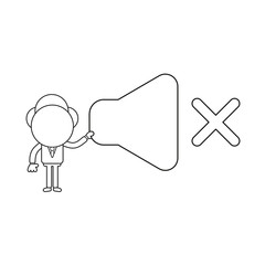 Vector illustration of businessman character holding sound off symbol. Black outline.