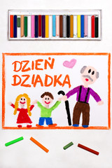 Colorful drawing: Polish Grandfather's  Day card with happy Grandfather and his Grandchildren